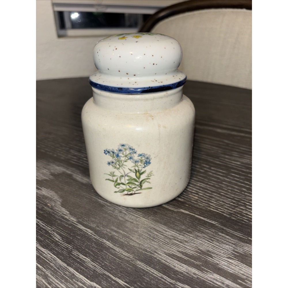 Takahashi Speckled Ceramic Container With Lid Flowers Herbs 5" - Picture 3 of 8